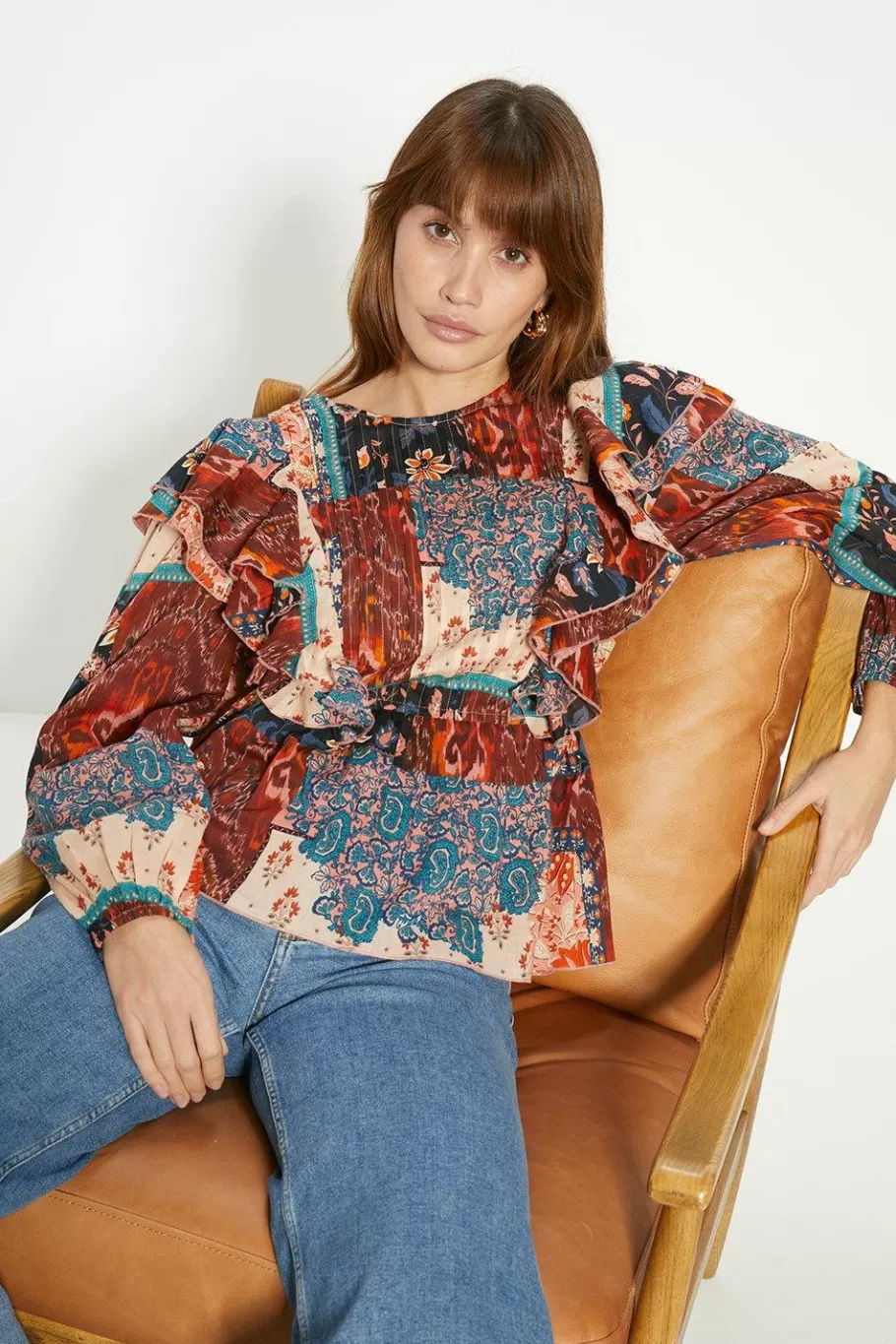 Oasis Patched Paisley Pintuck Ruffle Blouse Multi Cheap