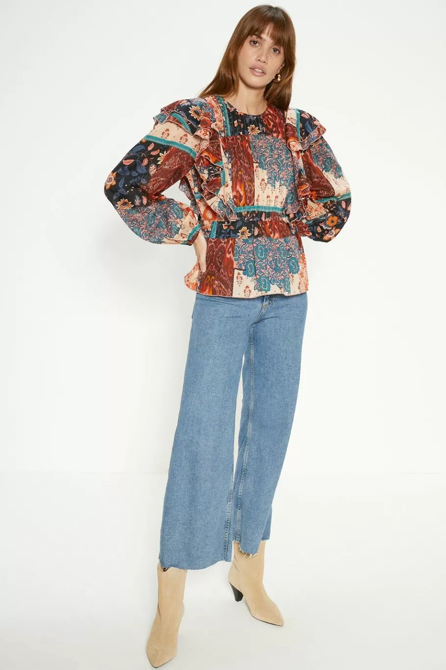 Oasis Patched Paisley Pintuck Ruffle Blouse Multi Cheap