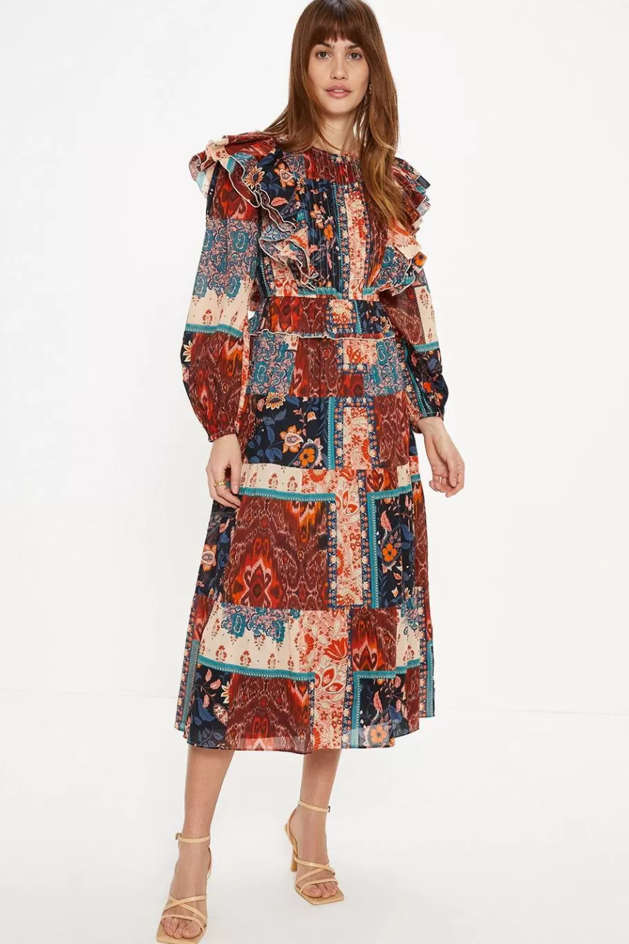 Oasis Patched Paisley Pintuck Ruffle Midi Dress Multi Fashion