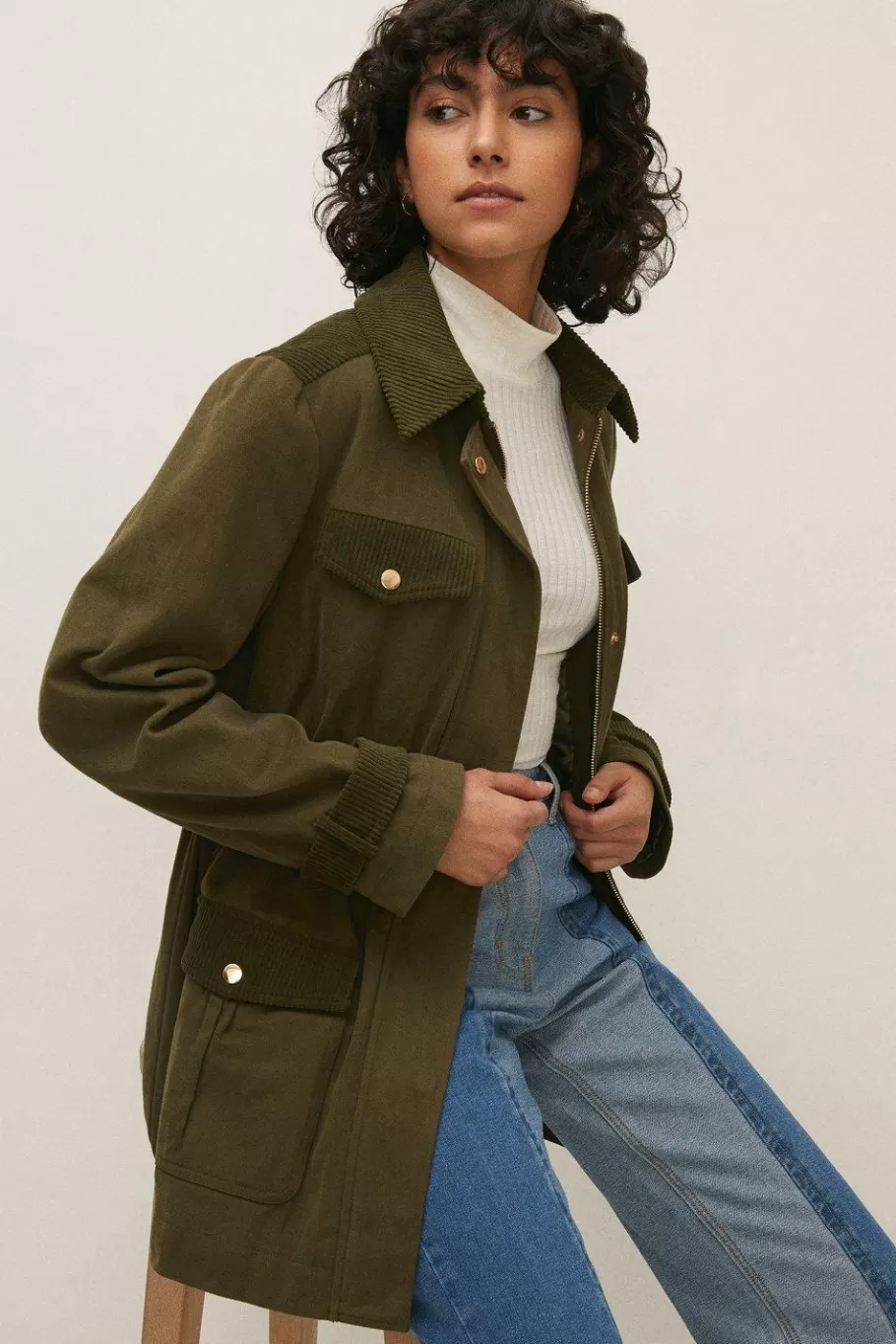 Oasis Patched Pocket Coat Khaki Clearance