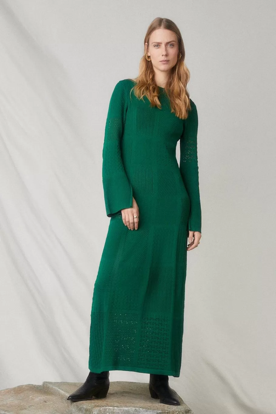 Oasis Patchwork Pointelle Frill Detail Knitted Maxi Dress Green Sale