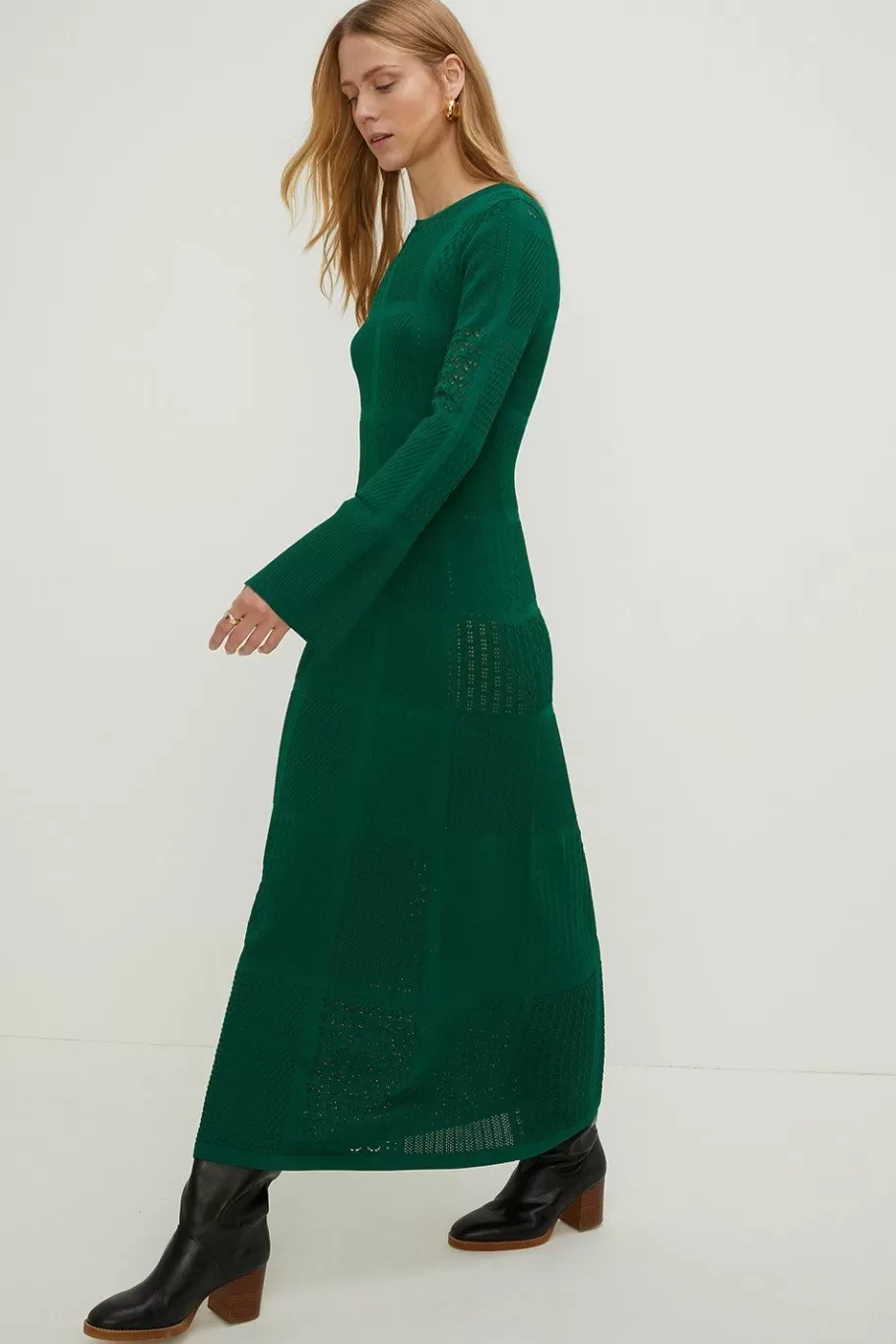 Oasis Patchwork Pointelle Frill Detail Knitted Maxi Dress Green Sale