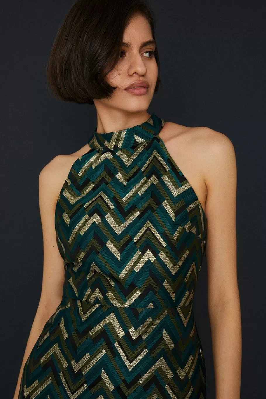 Oasis Patterned Jacquard Halter Aline Dress Green New