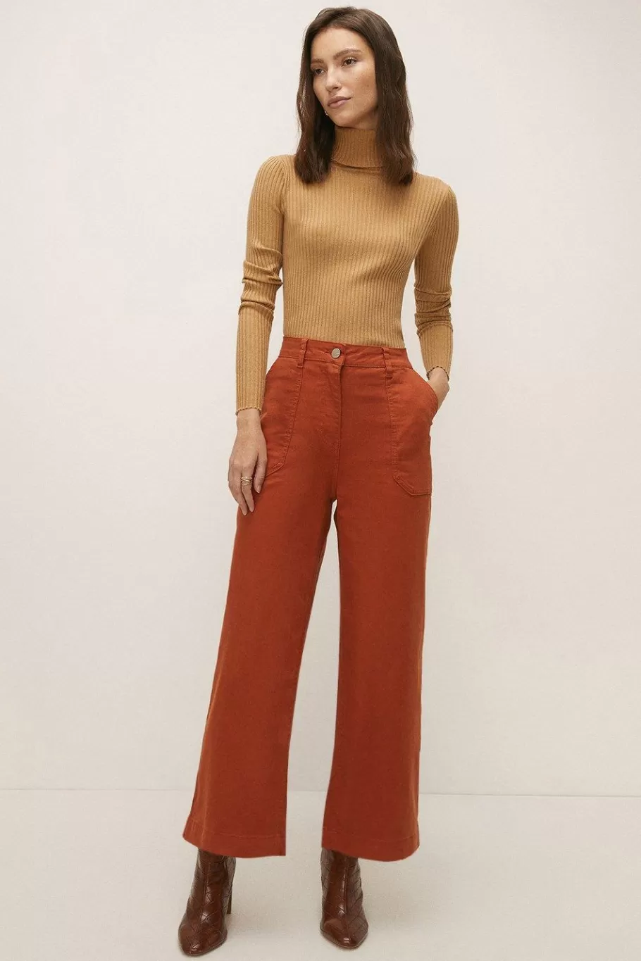 Oasis Petite Adeline Cropped Wide Leg Jean Rust Fashion