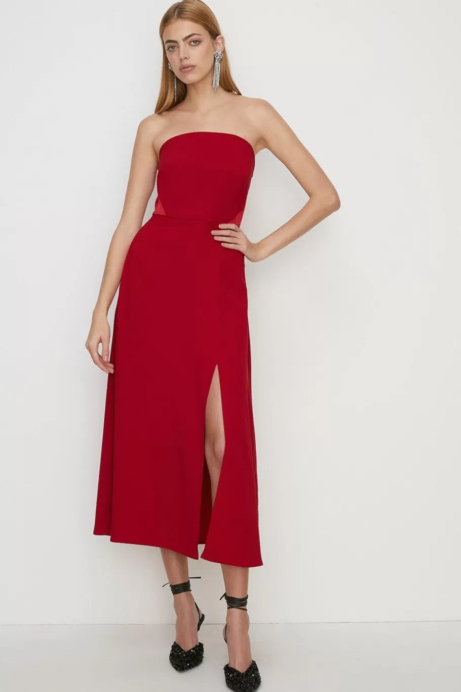 Oasis Petite Bandeau Split Detail Crepe Midi Dress Red Cheap