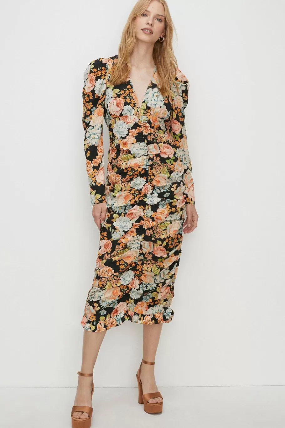 Oasis Petite Bold Floral All Over Ruched Midi Dress Black Online