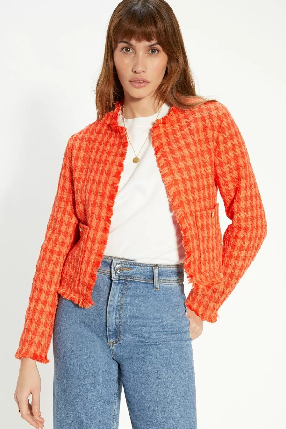 Oasis Petite Check Tweed Fringed Blazer Orange Shop