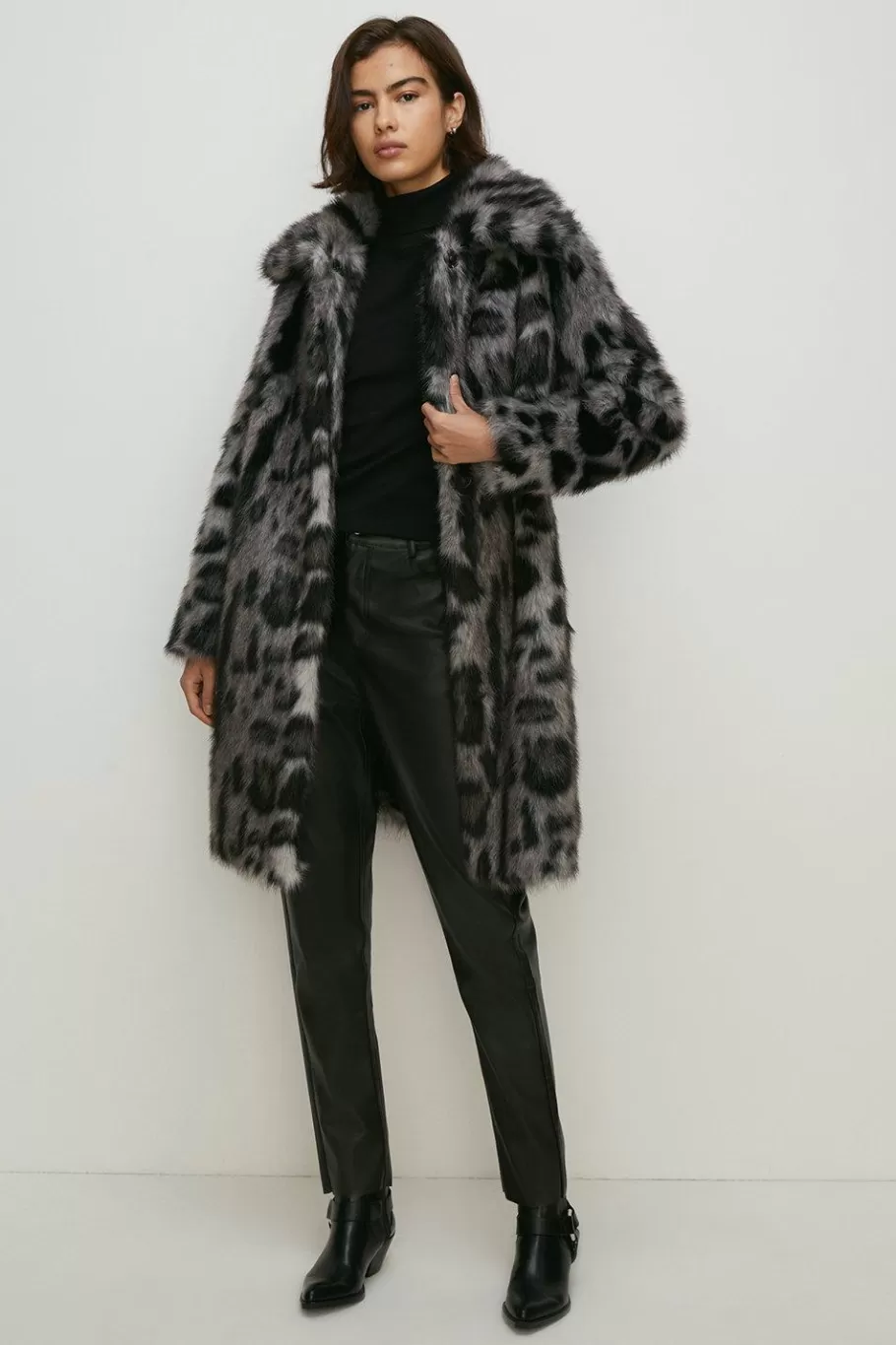 Oasis Petite Collared Animal Faux Fur Coat Grey Online