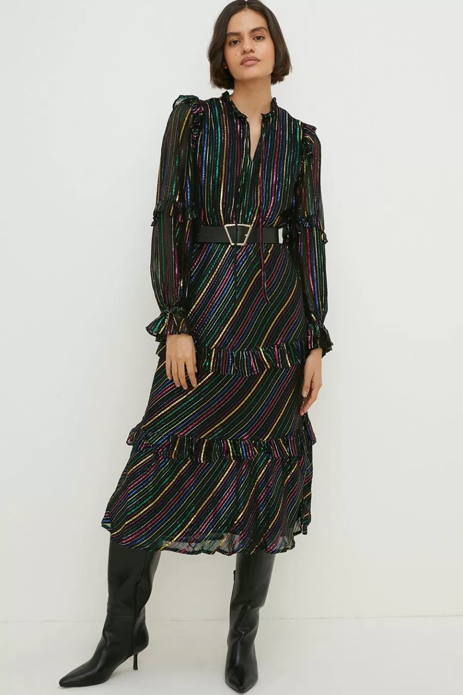 Oasis Petite Colourful Metallic Stripe Midi Dress Black Clearance