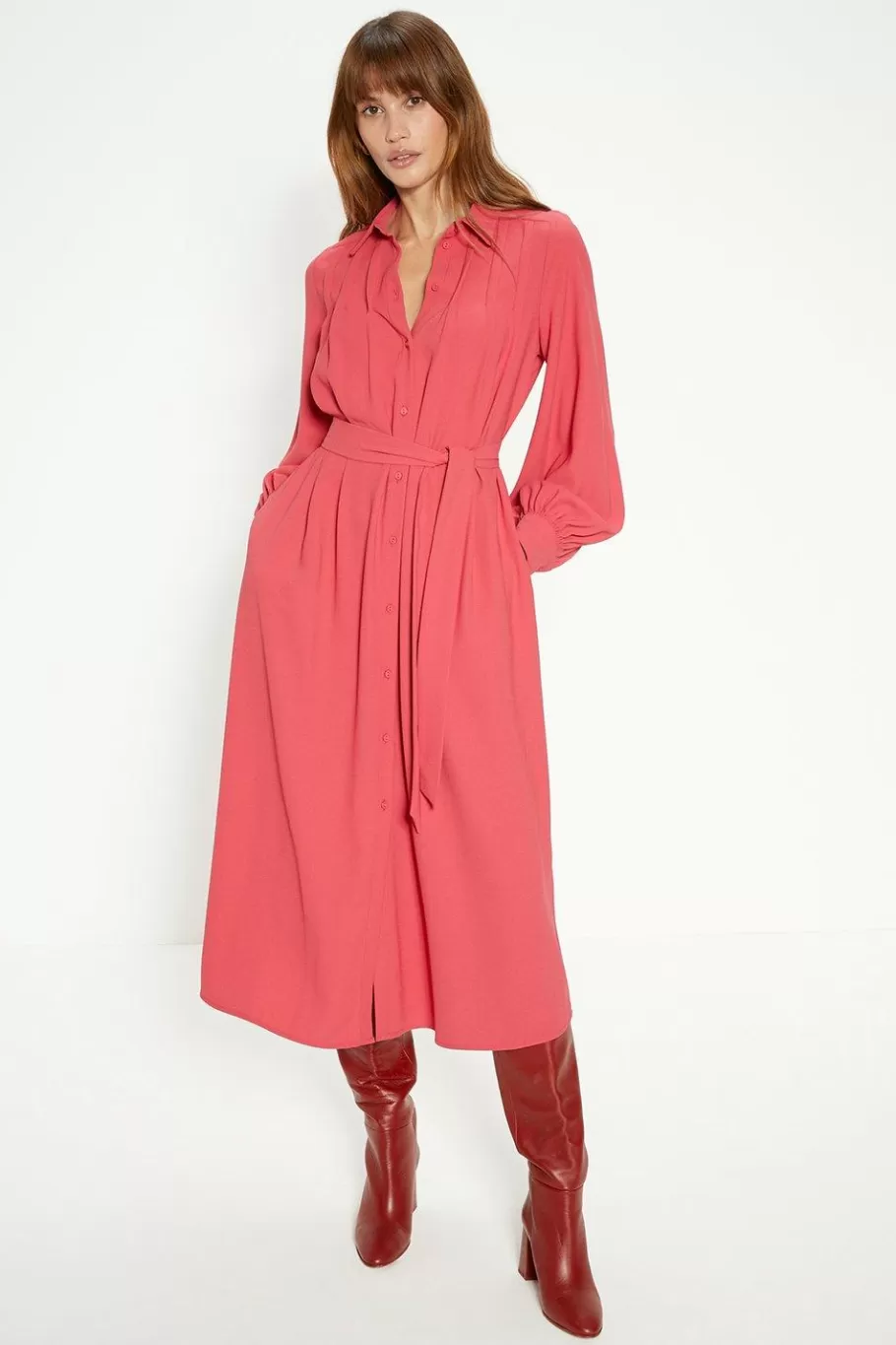 Oasis Petite Crepe Pin-Tuck Belted Shirt Dress Pink Clearance