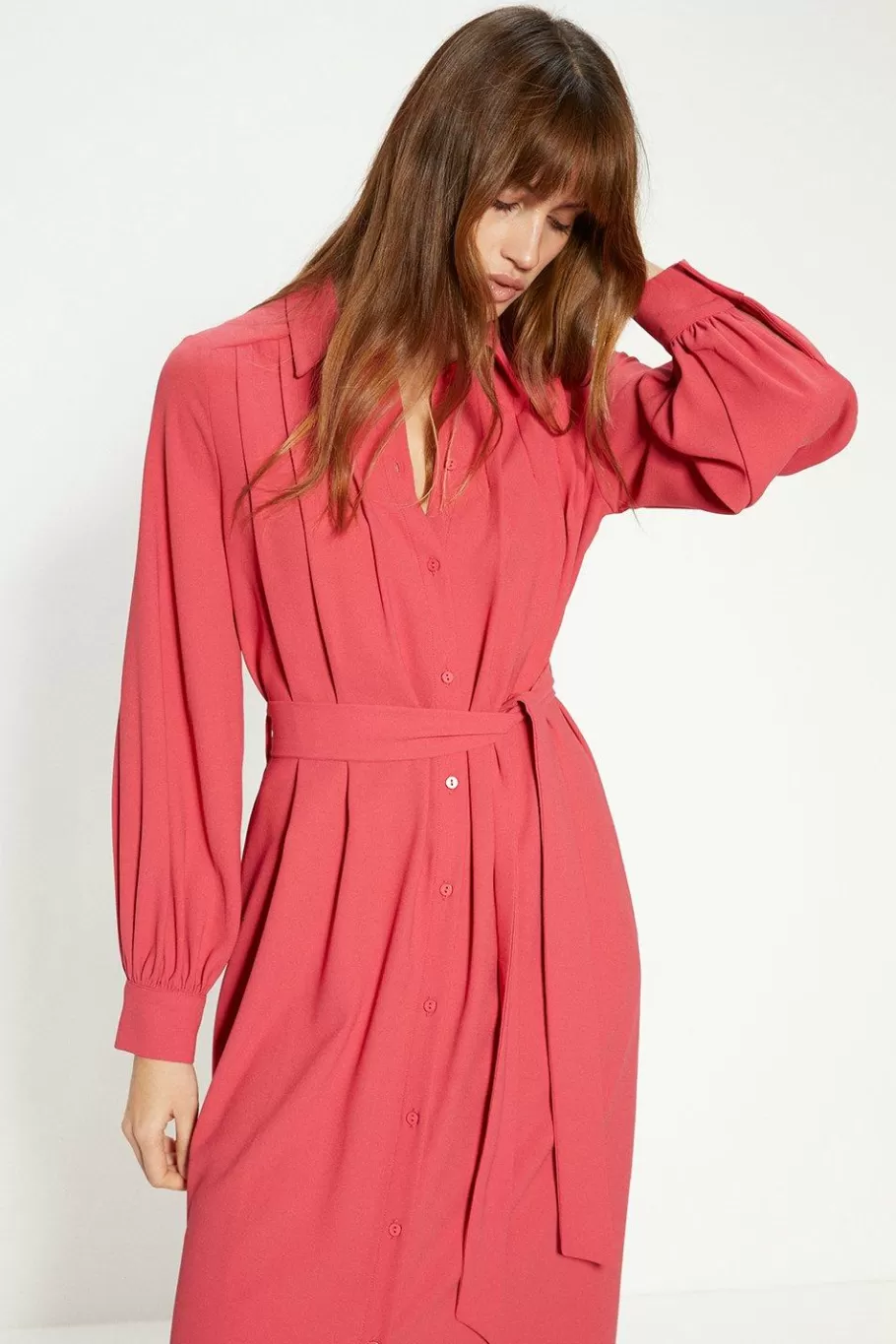 Oasis Petite Crepe Pin-Tuck Belted Shirt Dress Pink Clearance