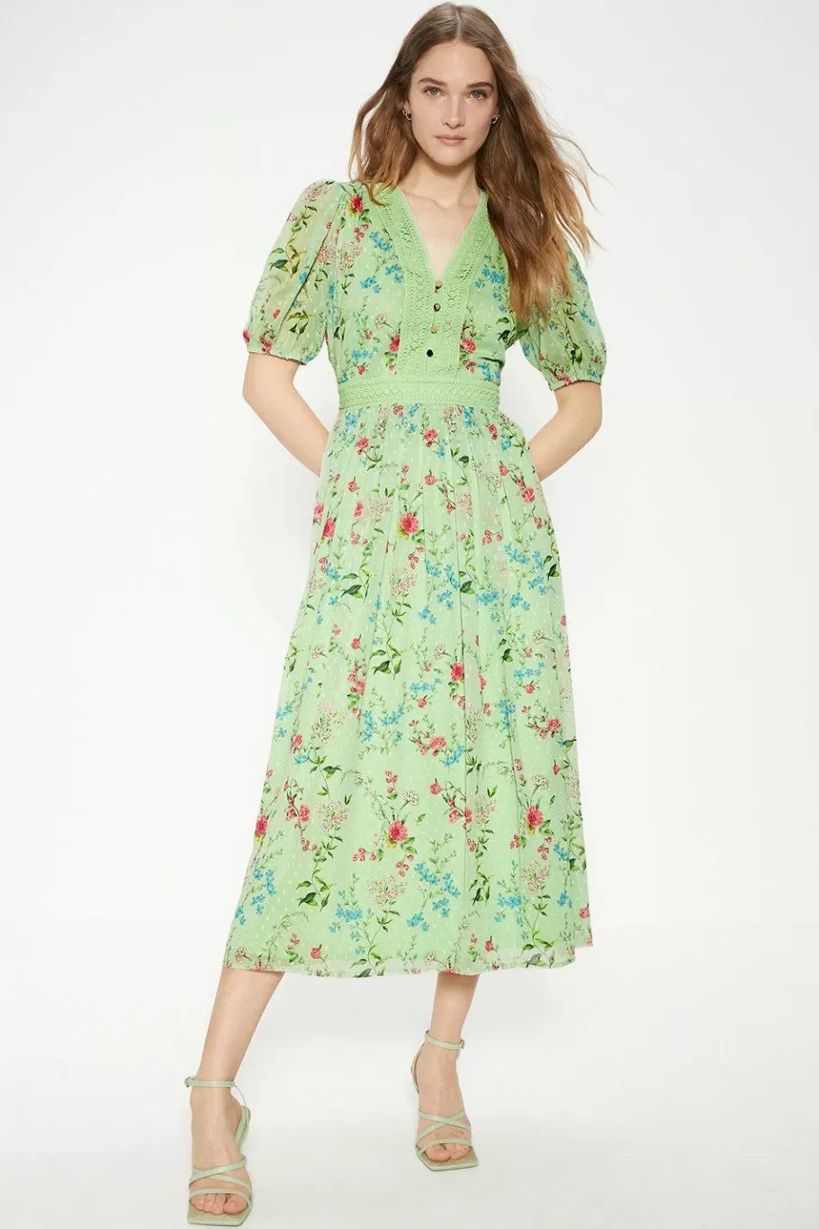 Oasis Petite Delicate Floral Lace Dobby Midi Dress Sage Sale