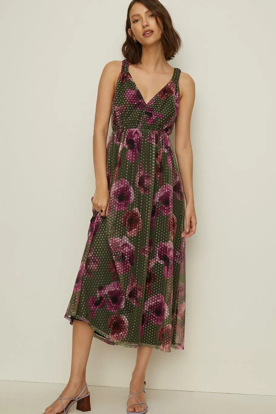 Oasis Petite Dobby Mesh Floral Knot Midi Dress Green Store