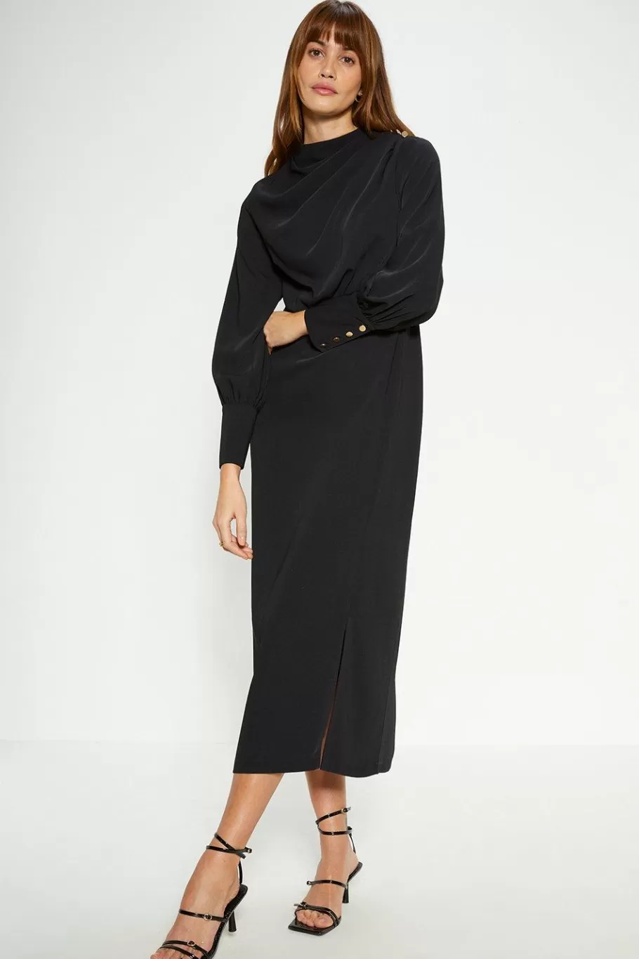 Oasis Petite Draped Crepe Button Detail Midi Dress Black Best