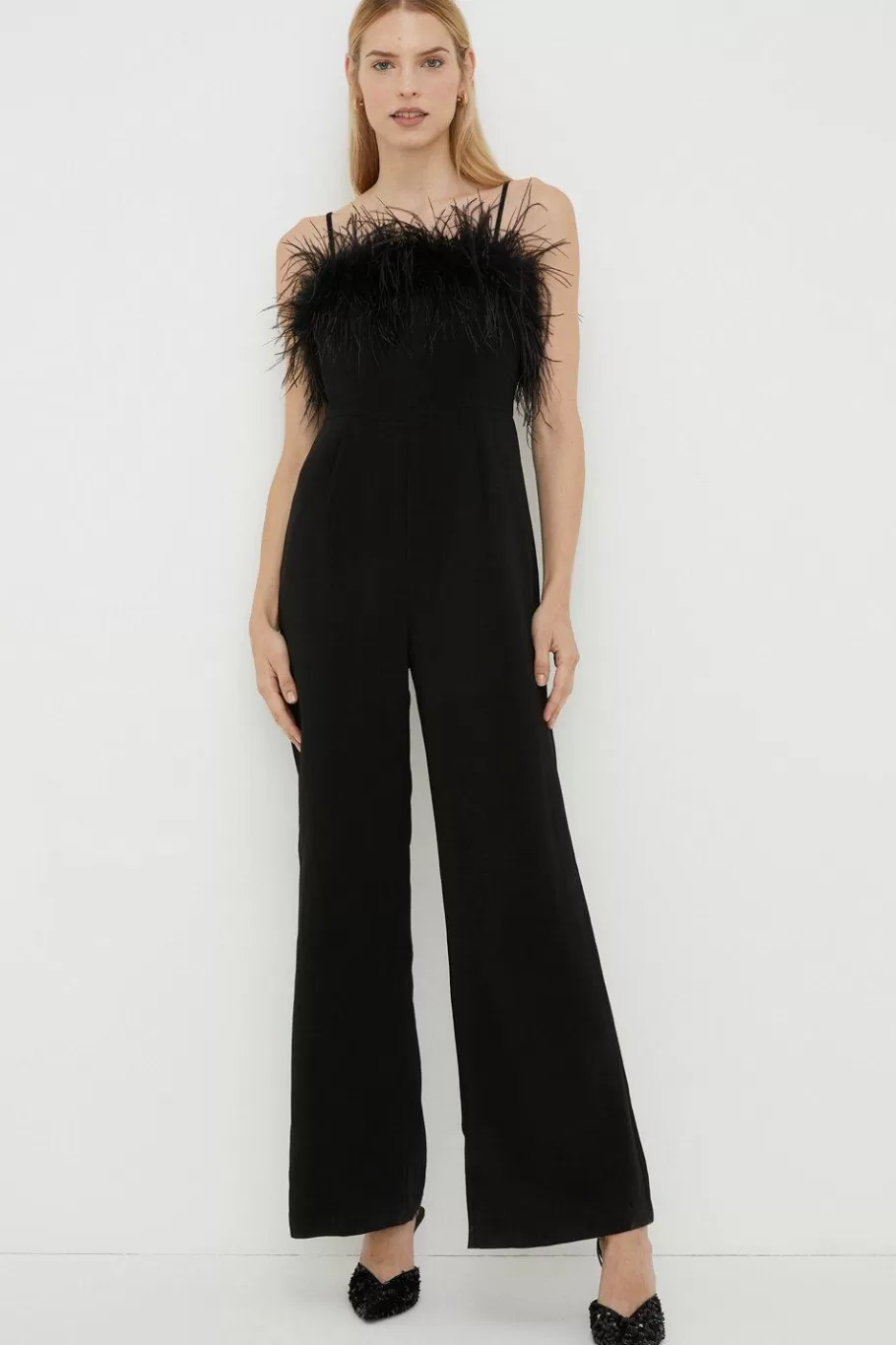 Oasis Petite Faux Feather Detail Bardot Jumpsuit Black Discount