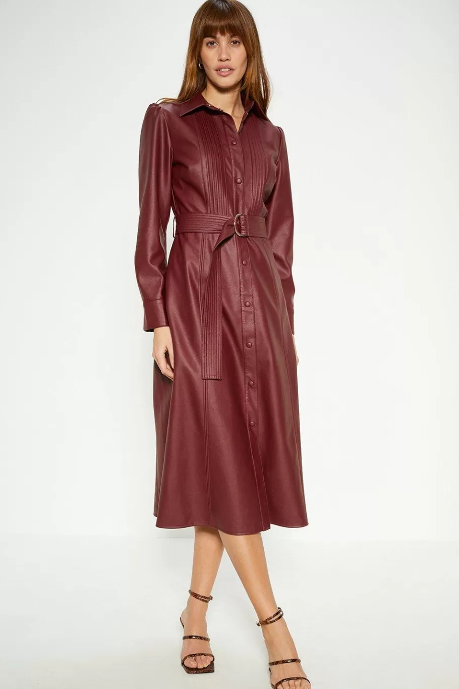 Oasis Petite Faux Leather Pleat Detail Belted Midi Dress Burgundy Best