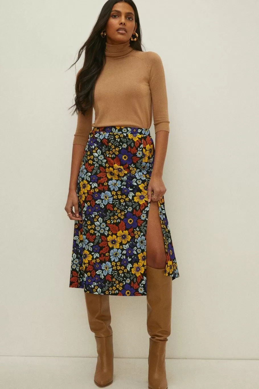 Oasis Petite Floral Crinkle Printed Midi Skirt Multi Sale