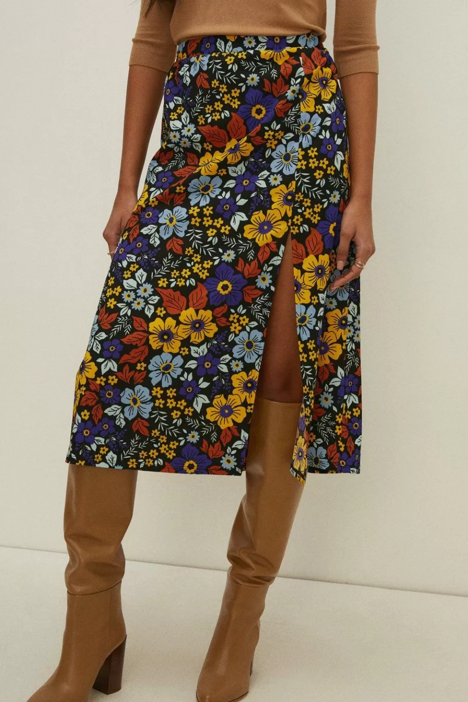 Oasis Petite Floral Crinkle Printed Midi Skirt Multi Sale