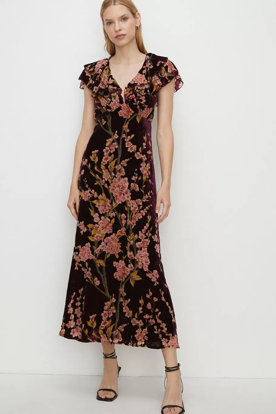 Oasis Petite Floral Devore V Neck Midaxi Dress Berry Online