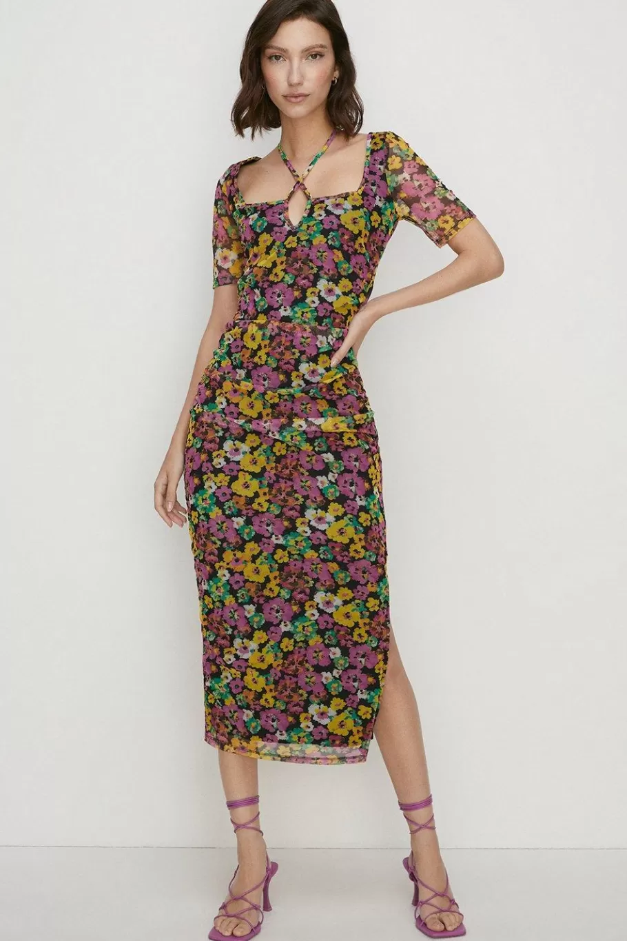 Oasis Petite Floral Keyhole Front Mesh Midi Dress Multi Outlet