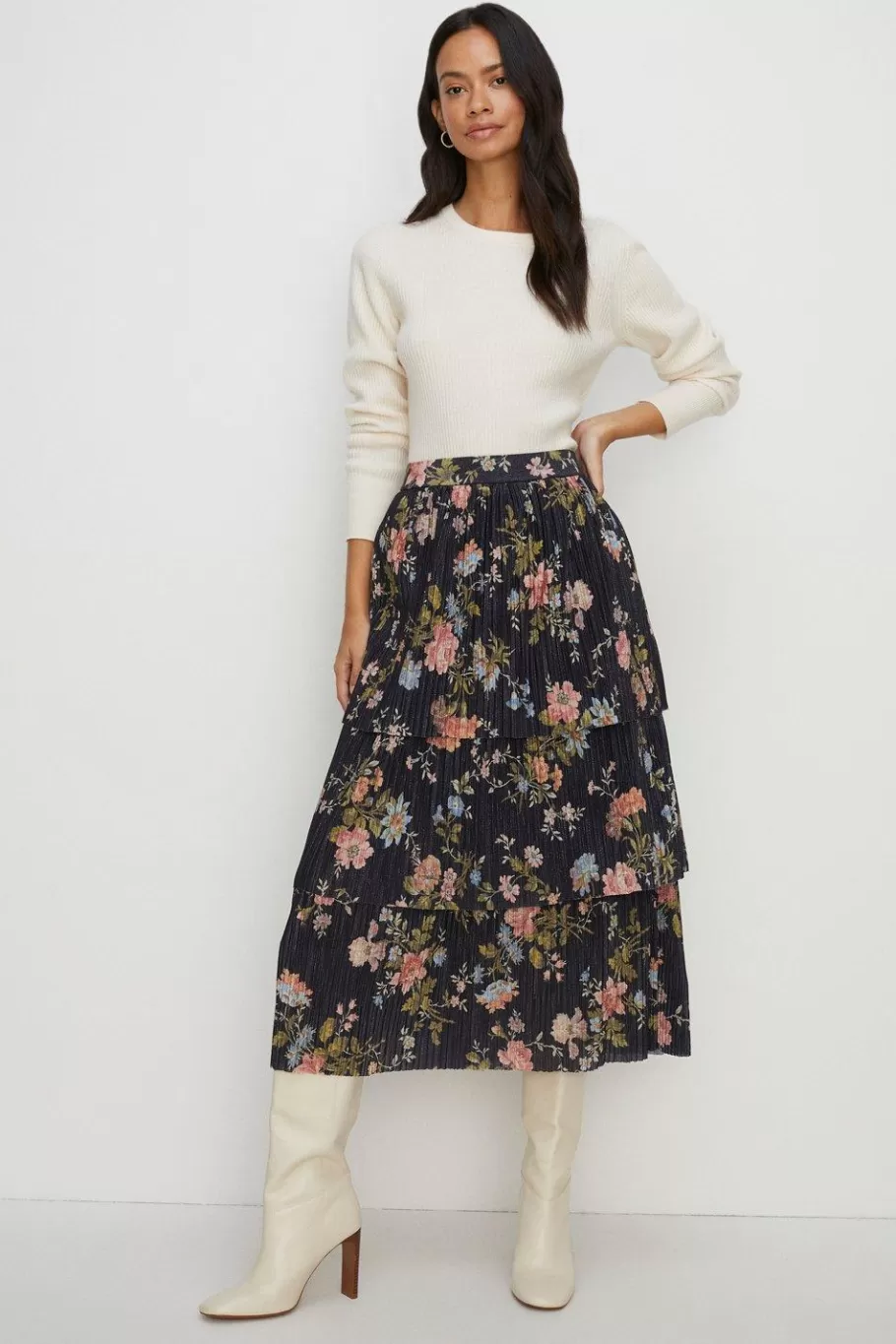 Oasis Petite Floral Metallic Plisse Tired Midi Skirt Multi Discount