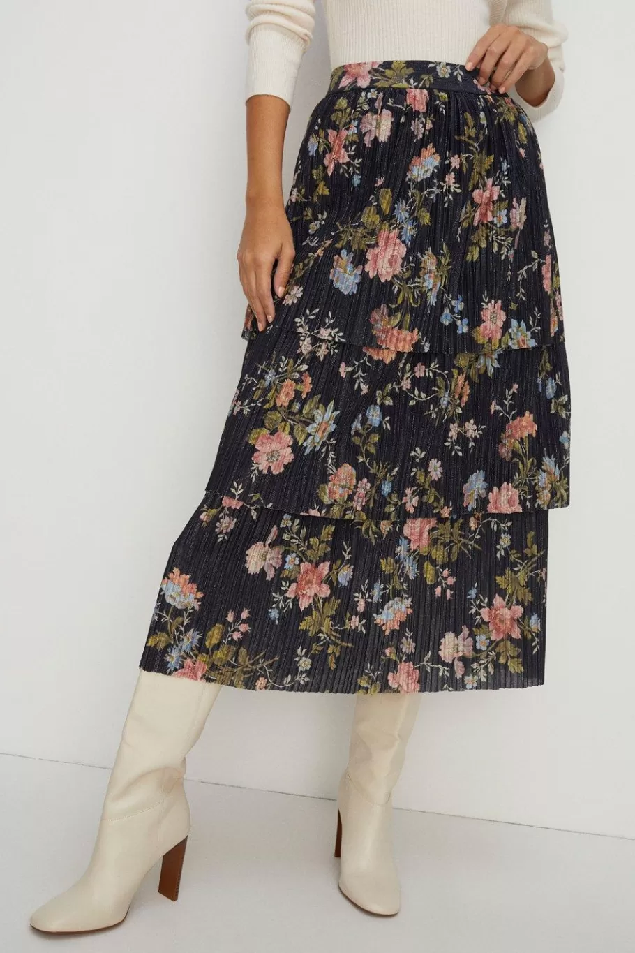 Oasis Petite Floral Metallic Plisse Tired Midi Skirt Multi Discount