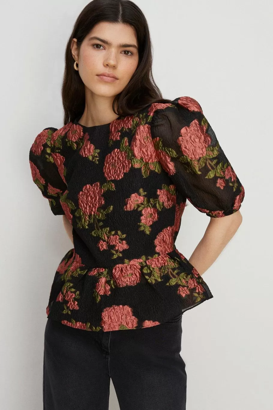 Oasis Petite Floral Peplum Jacquard Top Black Fashion