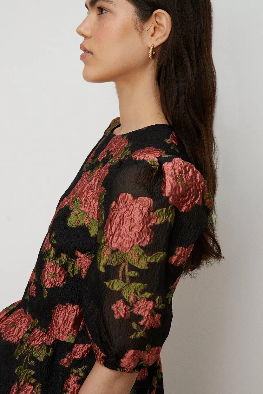 Oasis Petite Floral Peplum Jacquard Top Black Fashion