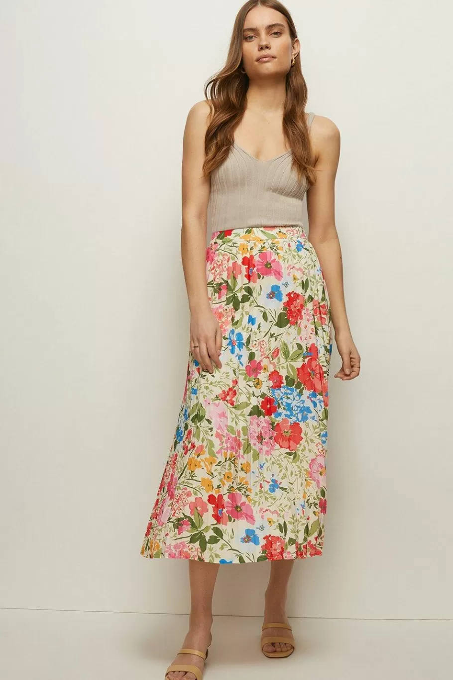 Oasis Petite Floral Pleated Midi Skirt Multi New