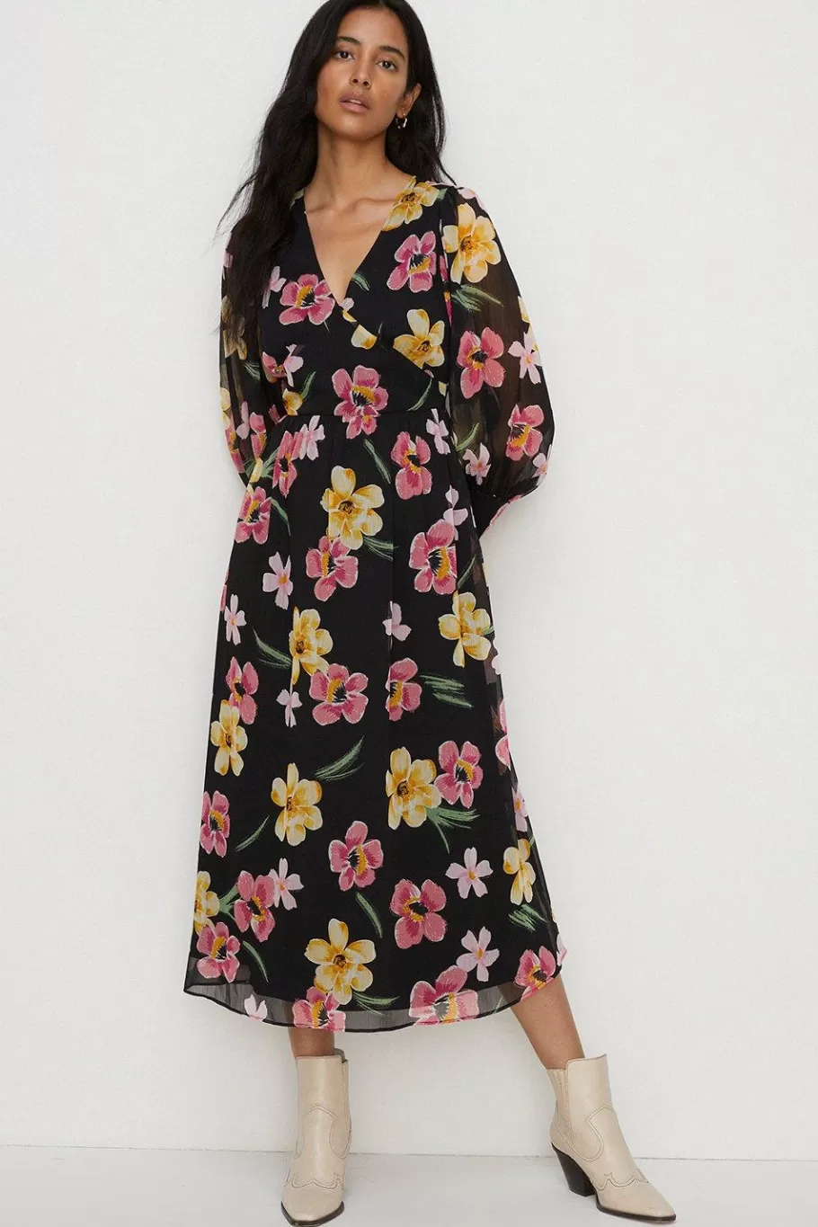 Oasis Petite Floral Print Chiffon Midi Dress Black New