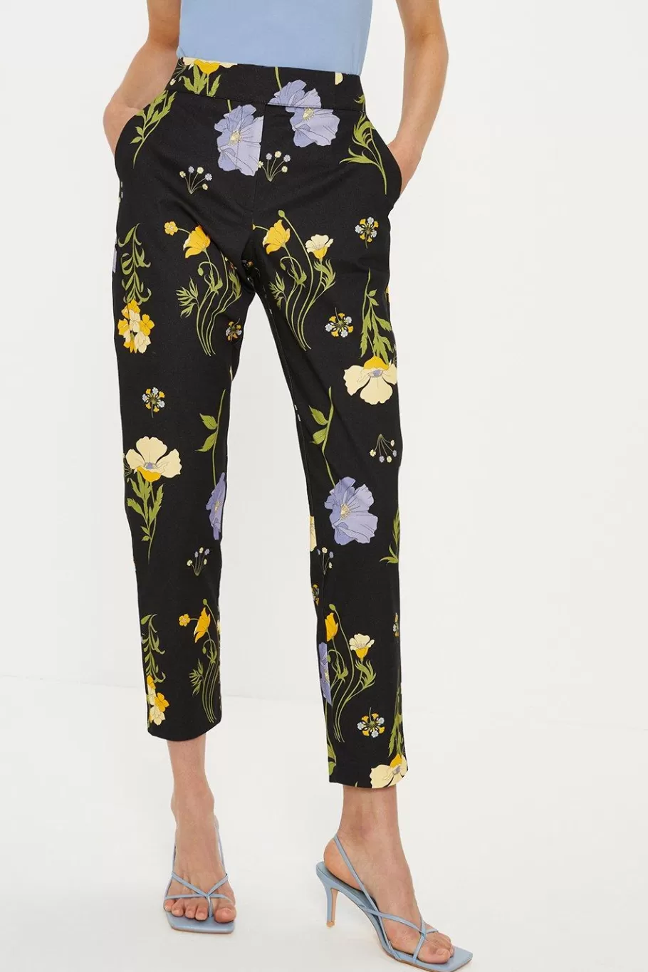 Oasis Petite Floral Printed Cotton Tapered Trousers Multi New