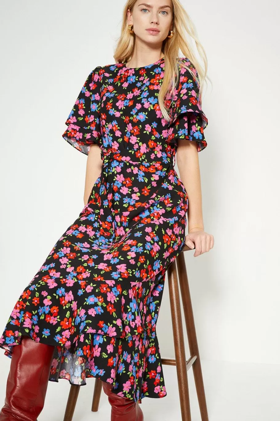 Oasis Petite Floral Printed Frill Detail Belted Midi Dress Multi Clearance