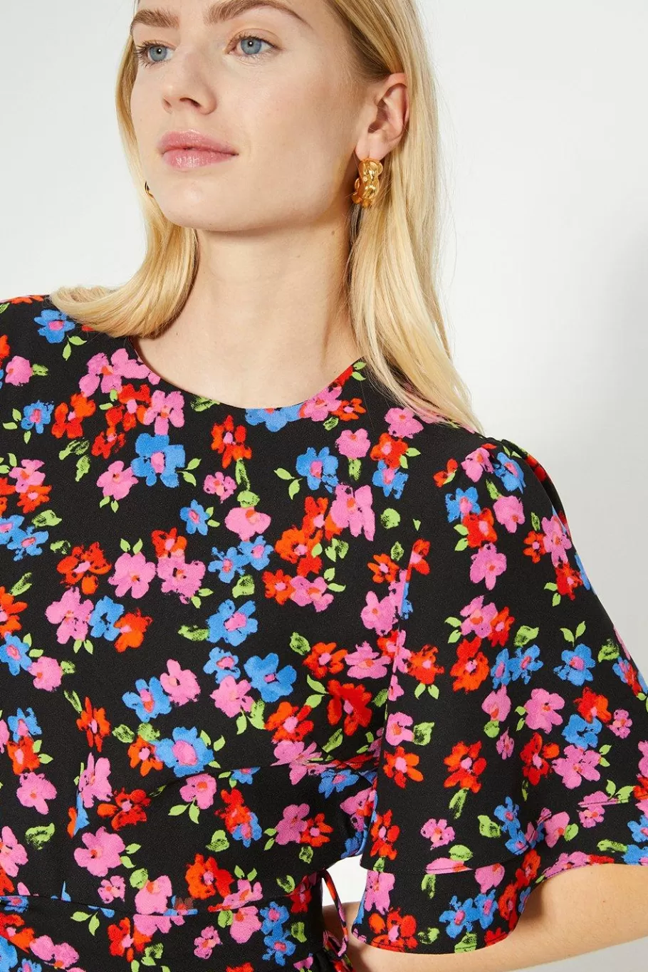 Oasis Petite Floral Printed Frill Detail Belted Midi Dress Multi Clearance