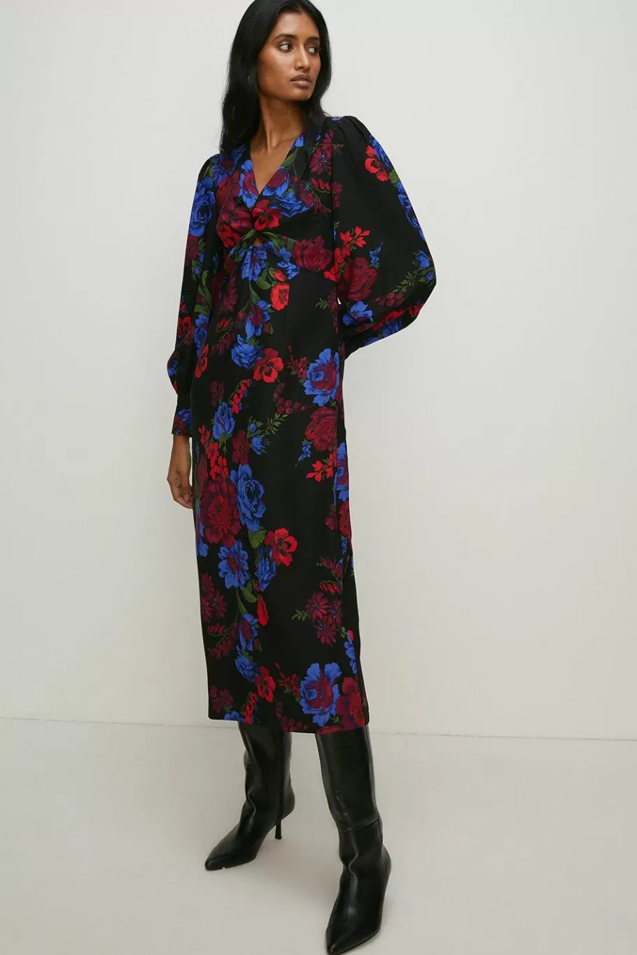 Oasis Petite Floral Printed Twist Front Crepe Midi Dress Black Store