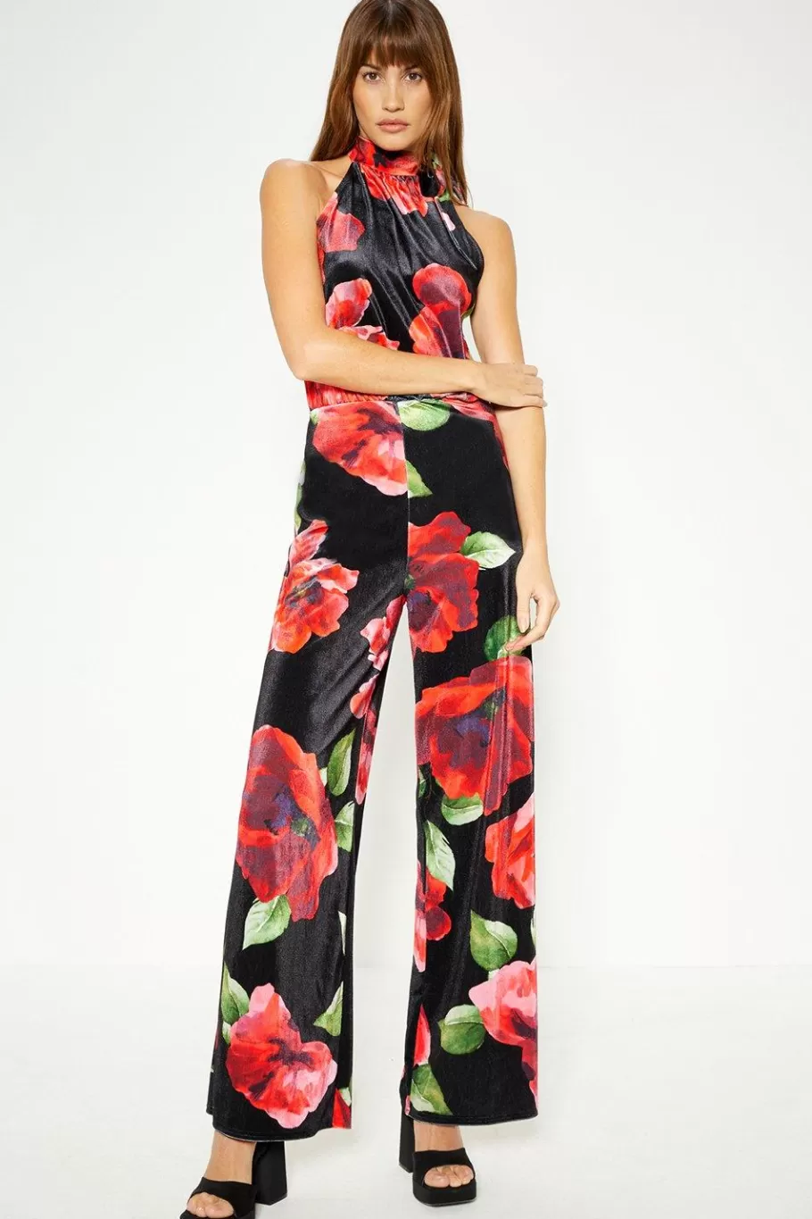 Oasis Petite Floral Velvet High Neck Halter Jumpsuit Black Hot