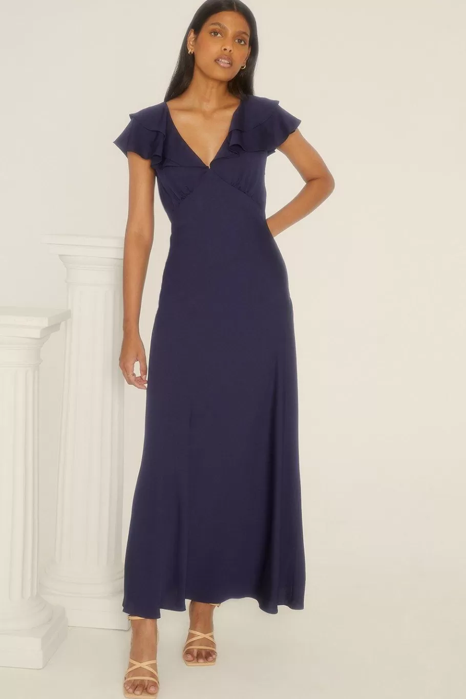 Oasis Petite Frill V Neck Satin Bias Midaxi Dress Navy Cheap