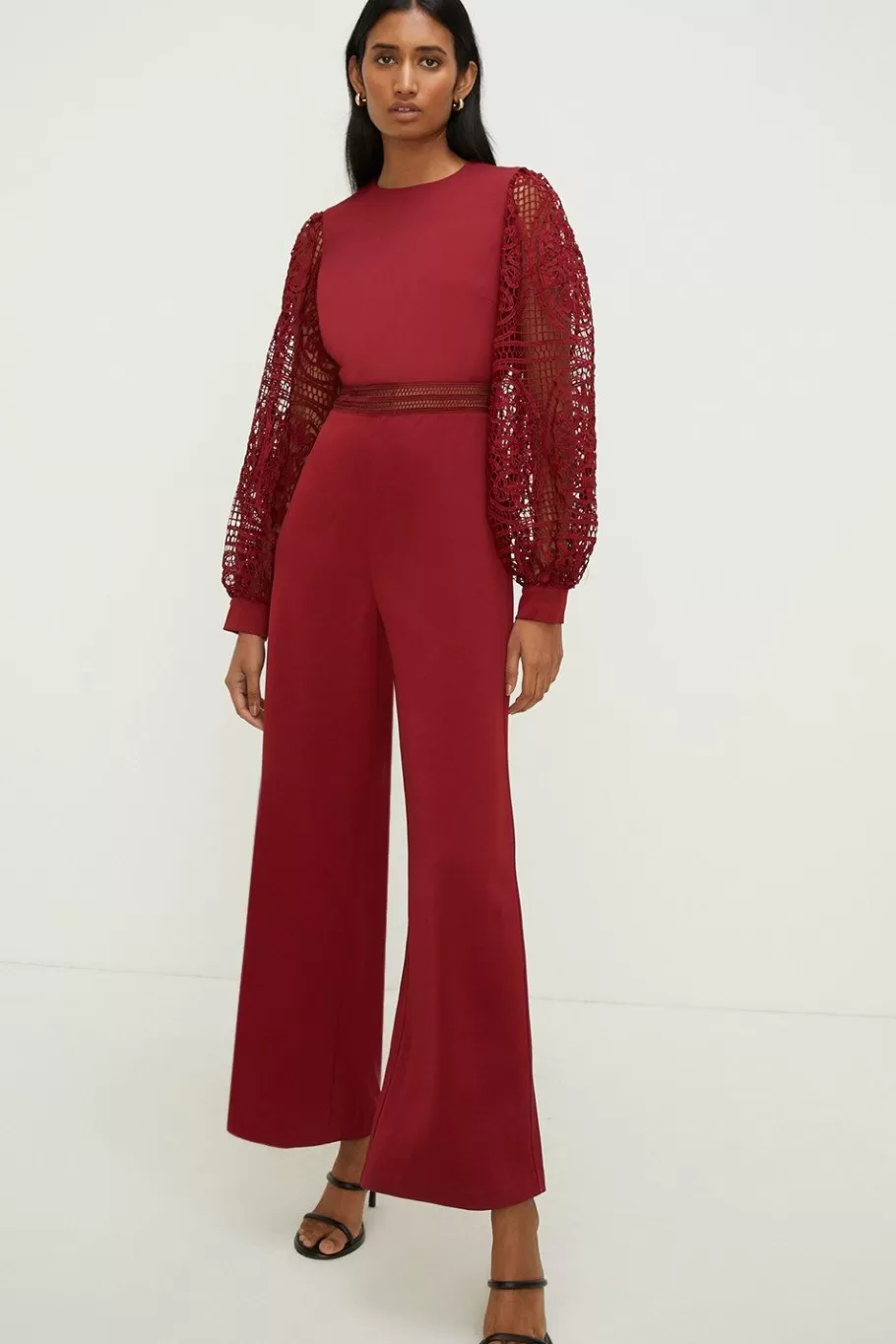 Oasis Petite Lace Detail Wide Leg Jumpsuit Wine Clearance