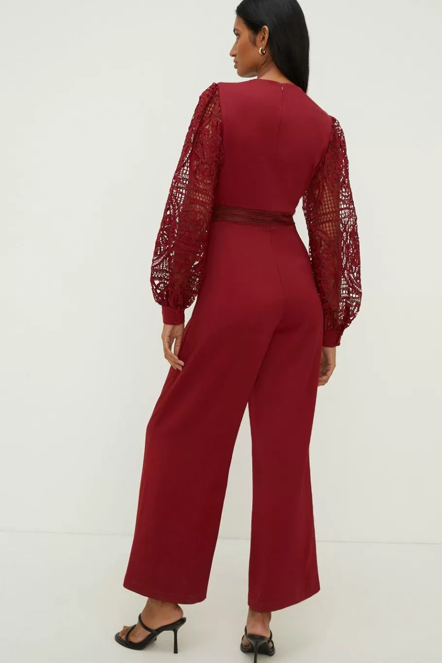 Oasis Petite Lace Detail Wide Leg Jumpsuit Wine Clearance