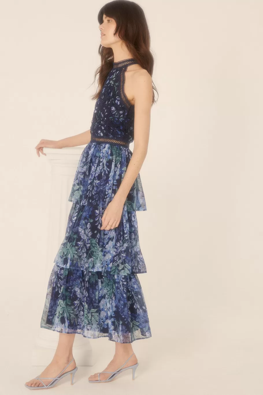 Oasis Petite Lace Halter Floral Tiered Midi Dress Navy Discount