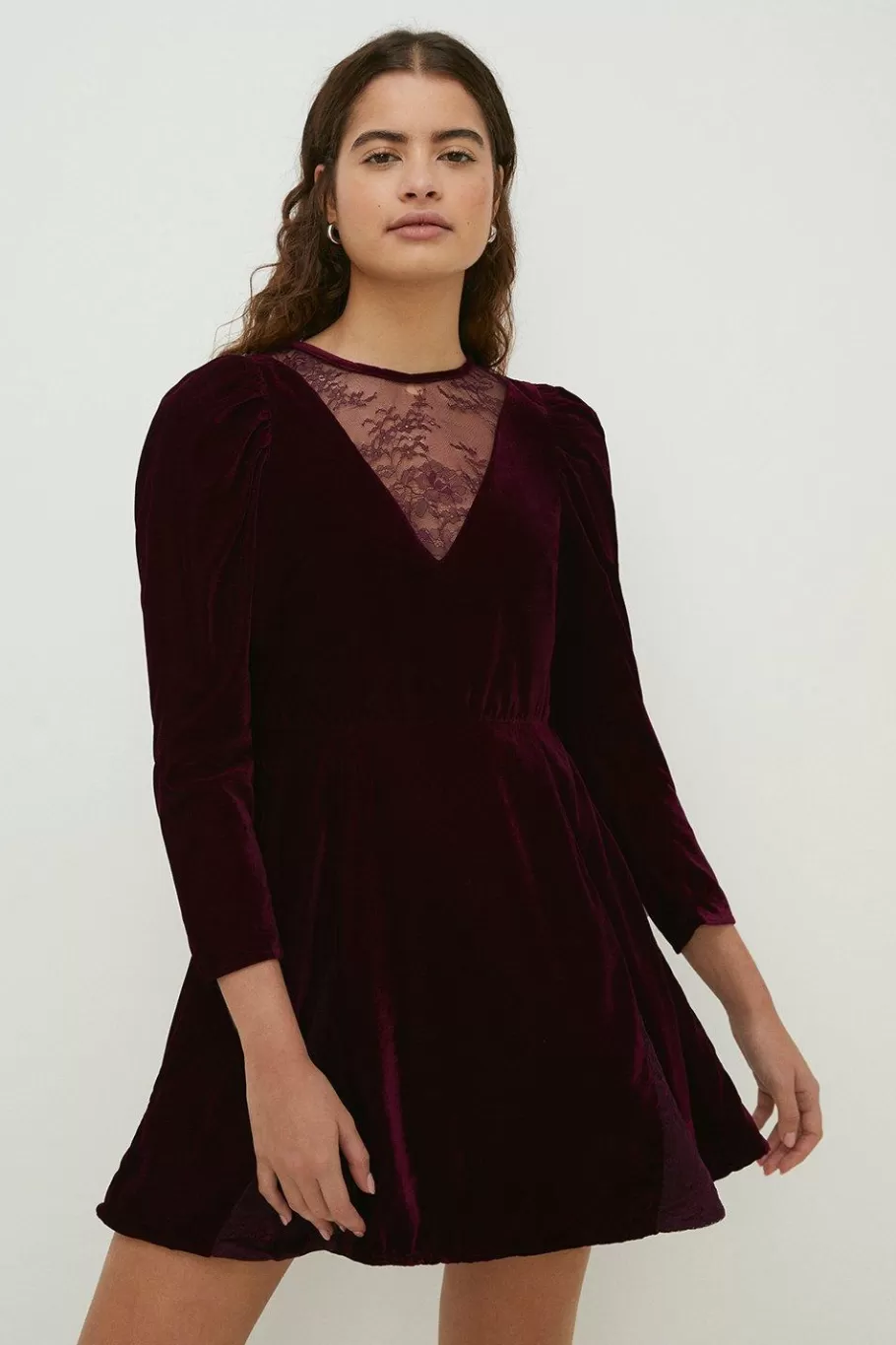 Oasis Petite Lace Mix Velvet Skater Dress Wine Cheap