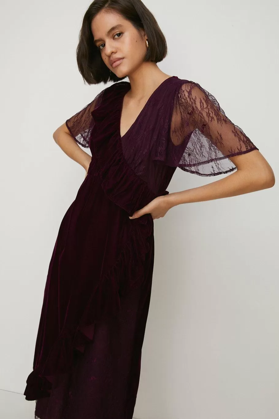 Oasis Petite Lace Mix Velvet Wrap Midi Dress Wine Hot