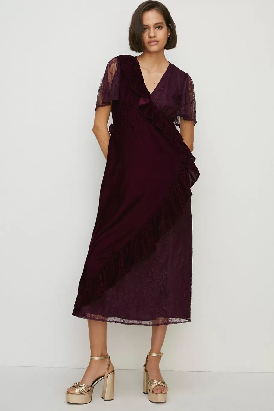 Oasis Petite Lace Mix Velvet Wrap Midi Dress Wine Hot