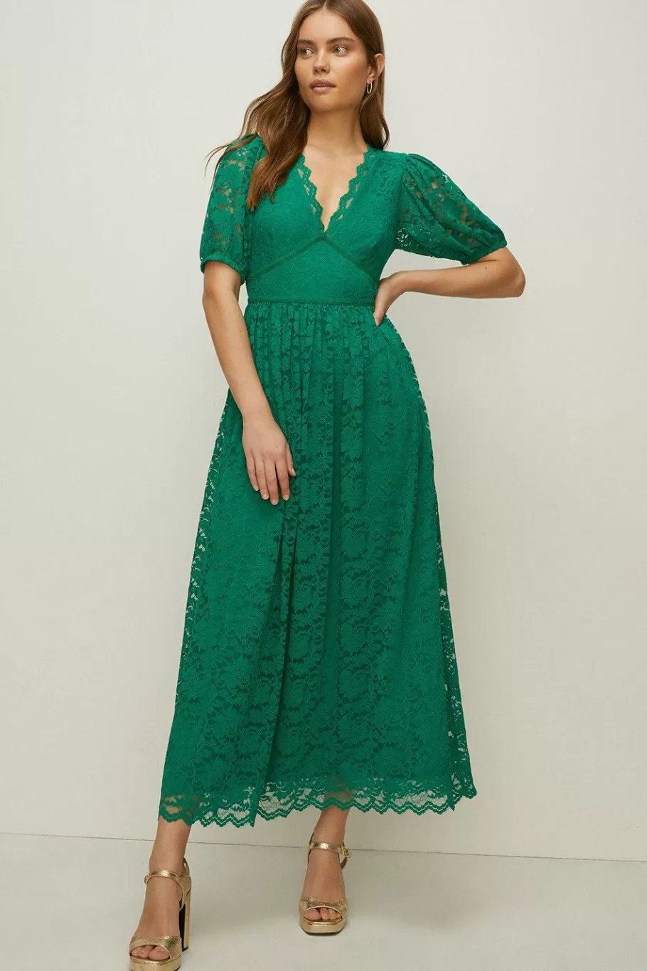 Oasis Petite Lace Puff Sleeve V Neck Midaxi Dress Green Clearance