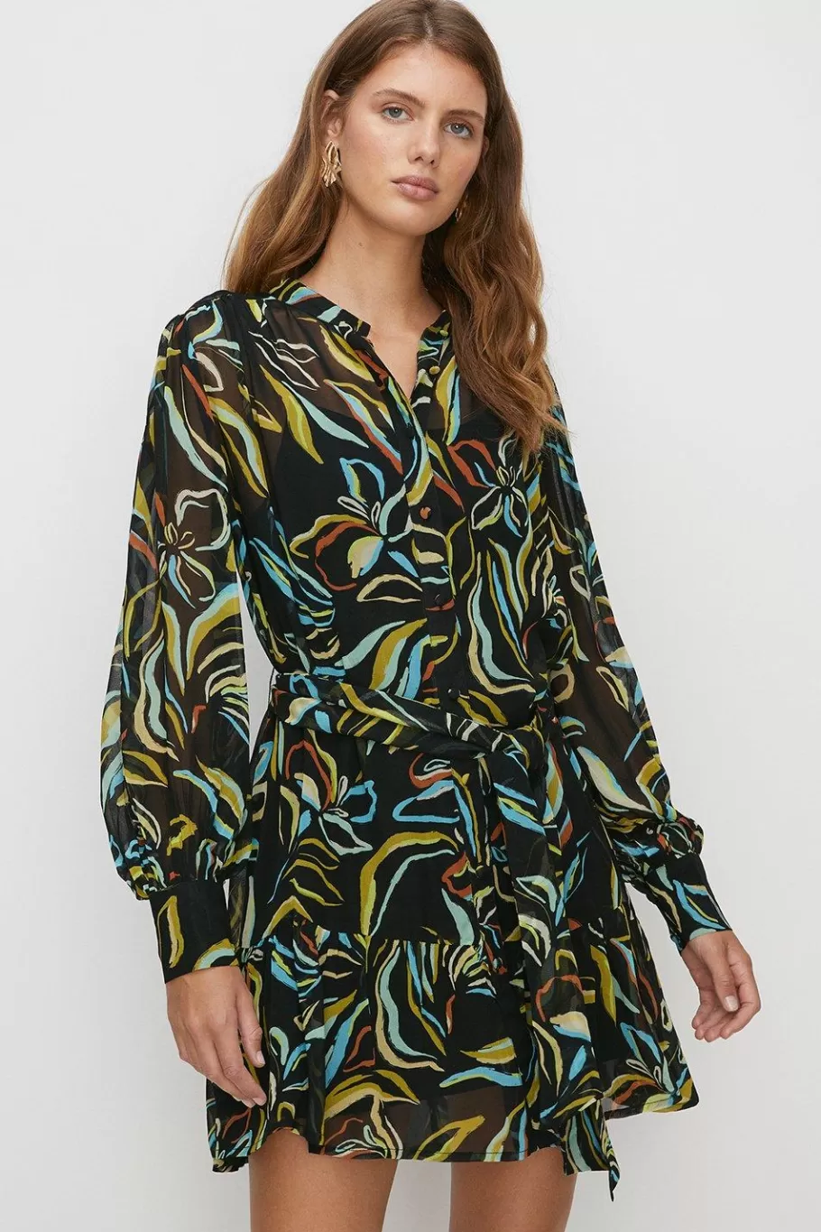 Oasis Petite Leafy Floral Belted Mini Shirt Dress Multi Discount