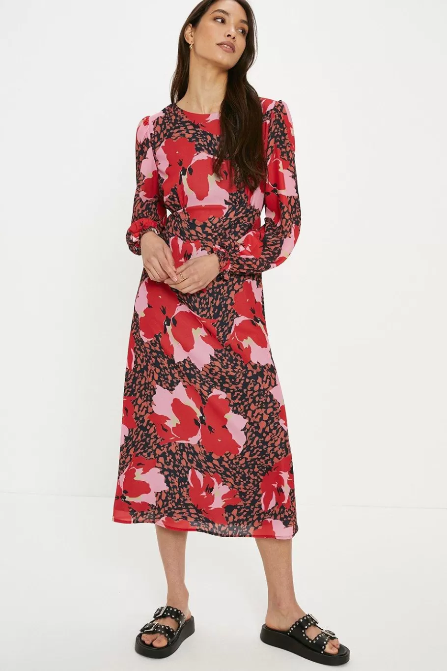 Oasis Petite Long Sleeve Printed Midi Tea Dress Multi Outlet