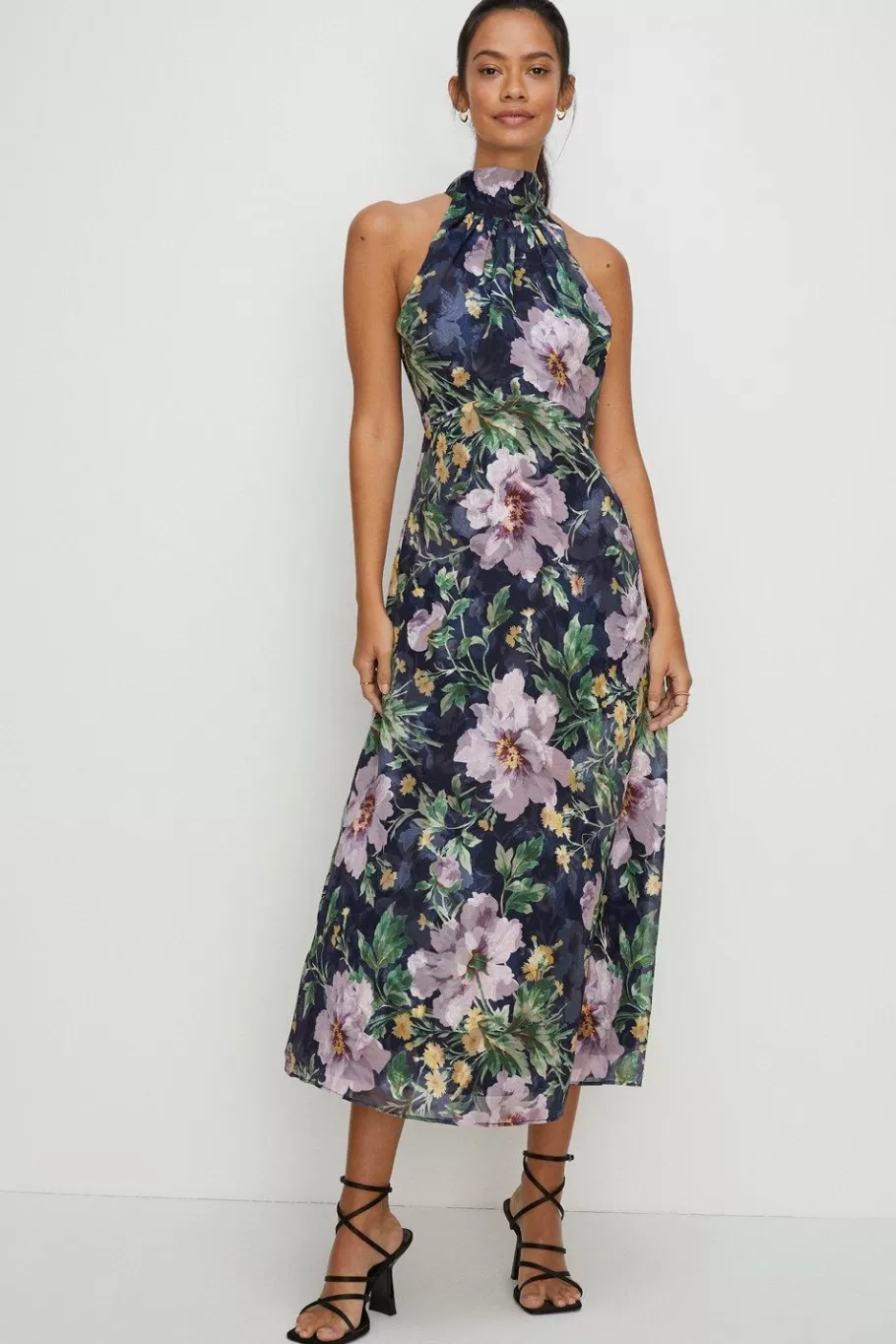 Oasis Petite Lyanna Floral Satin Burnout Midi Dress Navy Flash Sale