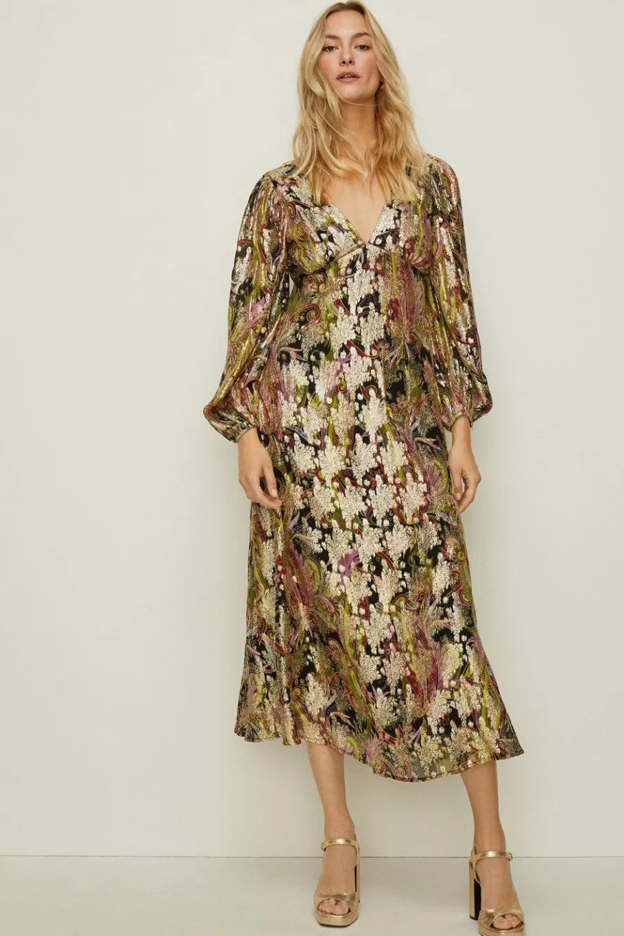 Oasis Petite Metallic Paisley Printed Midi Dress Multi Best