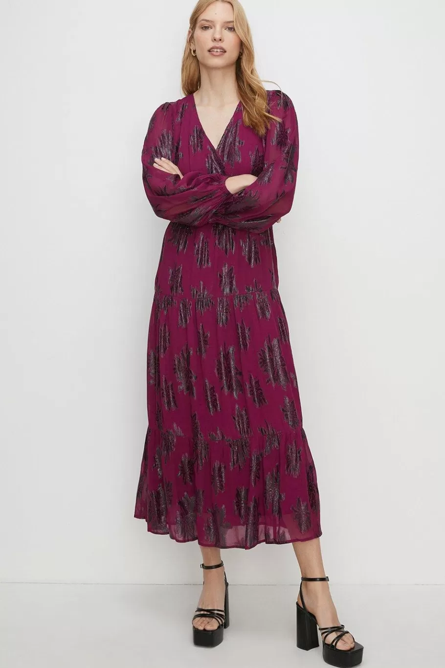 Oasis Petite Metallic V Front Midi Dress Berry Store