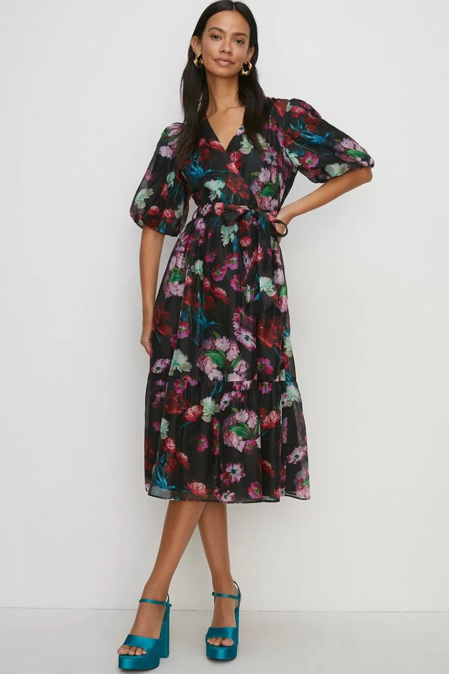 Oasis Petite Painted Floral Wrap Organza Dress Black Store