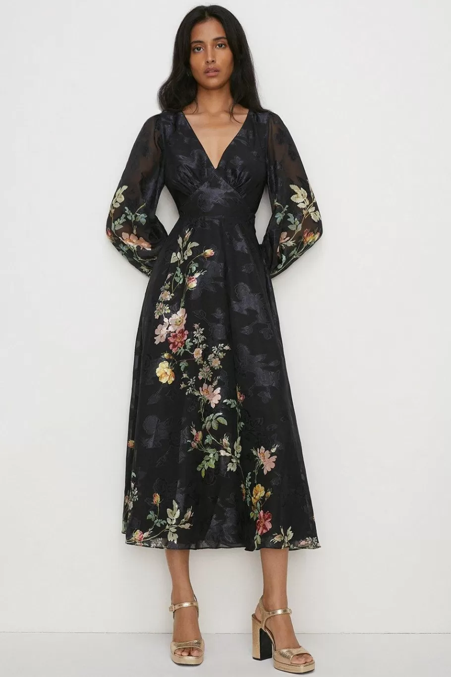 Oasis Petite Placement Floral Satin Burnout Midaxi Dress Black Sale